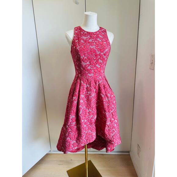 ML Monique Lhuillier Lace Pattern High Low Formal Dress Red white SZ SM Pockets - Picture 2 of 16